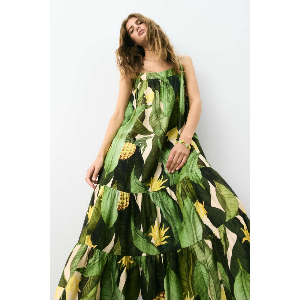 Jungle Maxi Dress Green Tropical Banana Leaf Pineapple Tiered H&M Tie Strap / XL